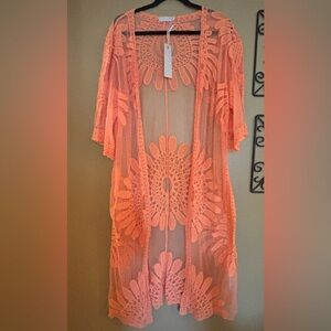 Sorrento Peach/Orange Sheer Lace Crochet Kimono One Size NWT